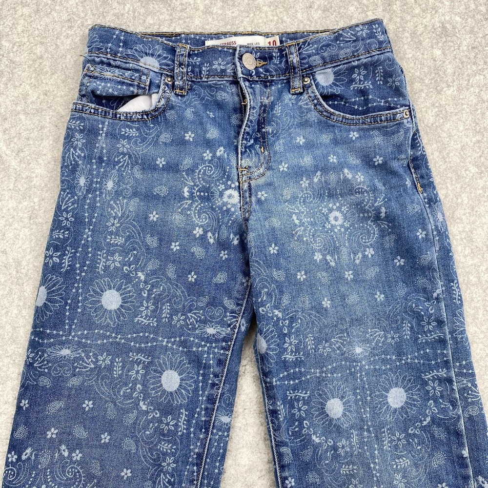 Levi Strauss Signature Wide Leg Jeans Girls 10 23x24 Blue Paisley Print Stretch - Picture 9 of 14
